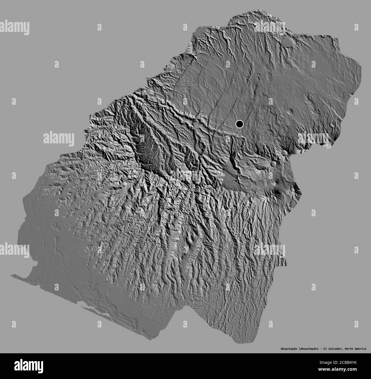 Forma di Ahuachapán, dipartimento di El Salvador, con la sua capitale isolata su uno sfondo di colore pieno. Mappa elevazione bilivello. Rendering 3D Foto Stock