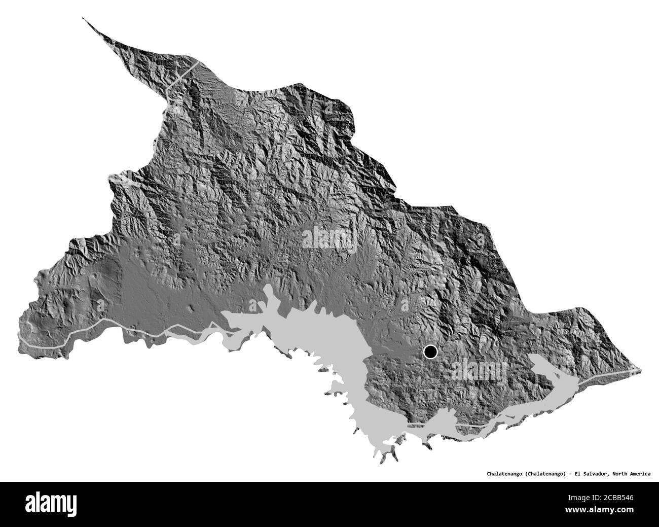 Forma di Chalatenango, dipartimento di El Salvador, con la sua capitale isolata su sfondo bianco. Mappa elevazione bilivello. Rendering 3D Foto Stock
