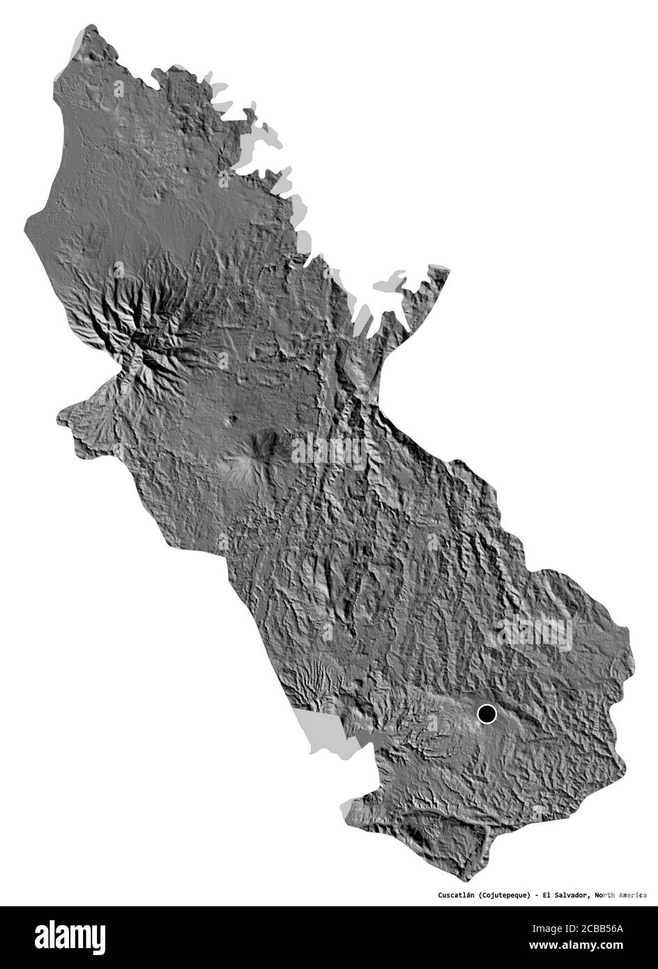 Forma di Cuscatlán, dipartimento di El Salvador, con la sua capitale isolata su sfondo bianco. Mappa elevazione bilivello. Rendering 3D Foto Stock