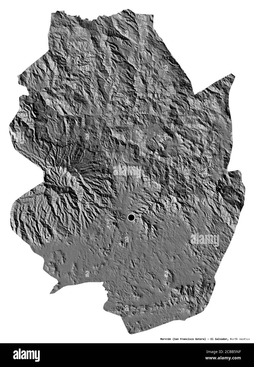 Forma di Morazán, dipartimento di El Salvador, con la sua capitale isolata su sfondo bianco. Mappa elevazione bilivello. Rendering 3D Foto Stock