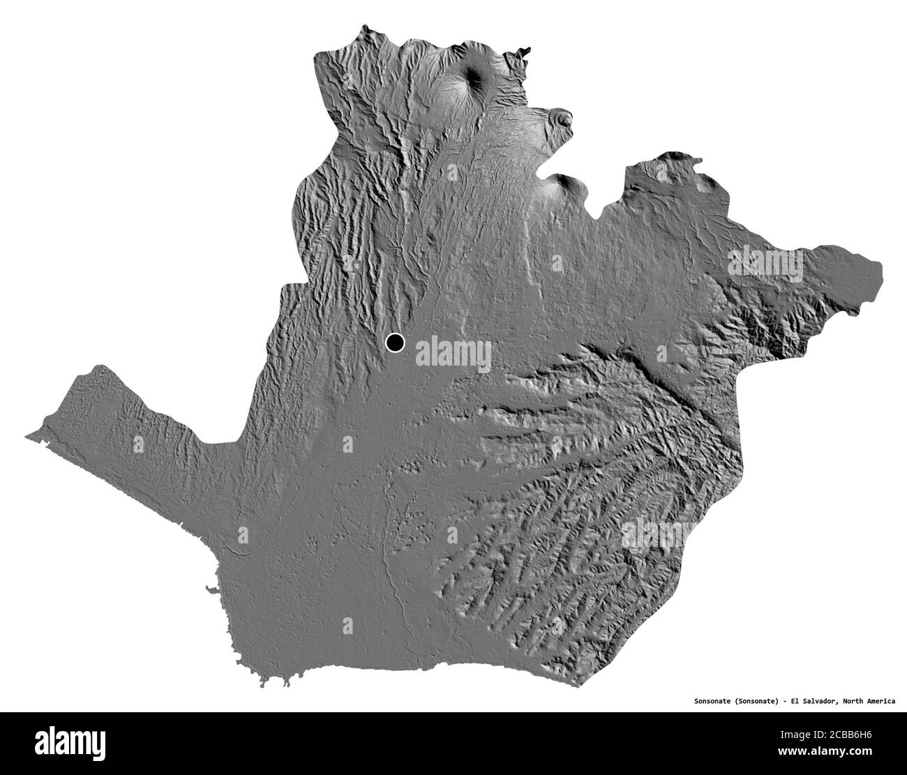 Forma di Sonsonate, dipartimento di El Salvador, con la sua capitale isolata su sfondo bianco. Mappa elevazione bilivello. Rendering 3D Foto Stock