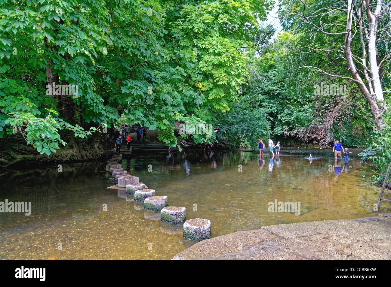 Le pietre passo che attraversano il fiume Mole a Box Hill con la gente che si gode una calda giornata estiva sul fiume Dorking Surrey Inghilterra Regno Unito Foto Stock