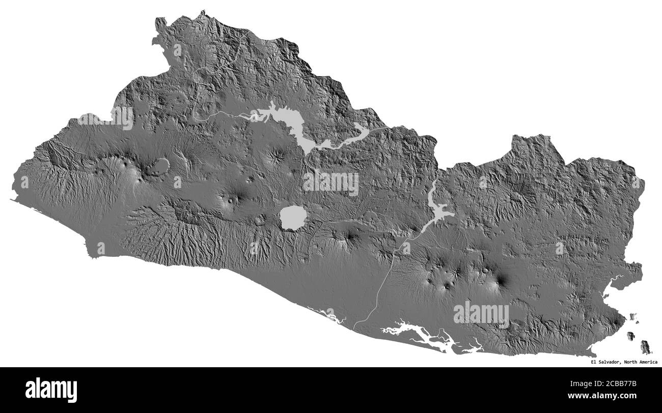 Forma di El Salvador con la sua capitale isolata su sfondo bianco. Mappa elevazione bilivello. Rendering 3D Foto Stock