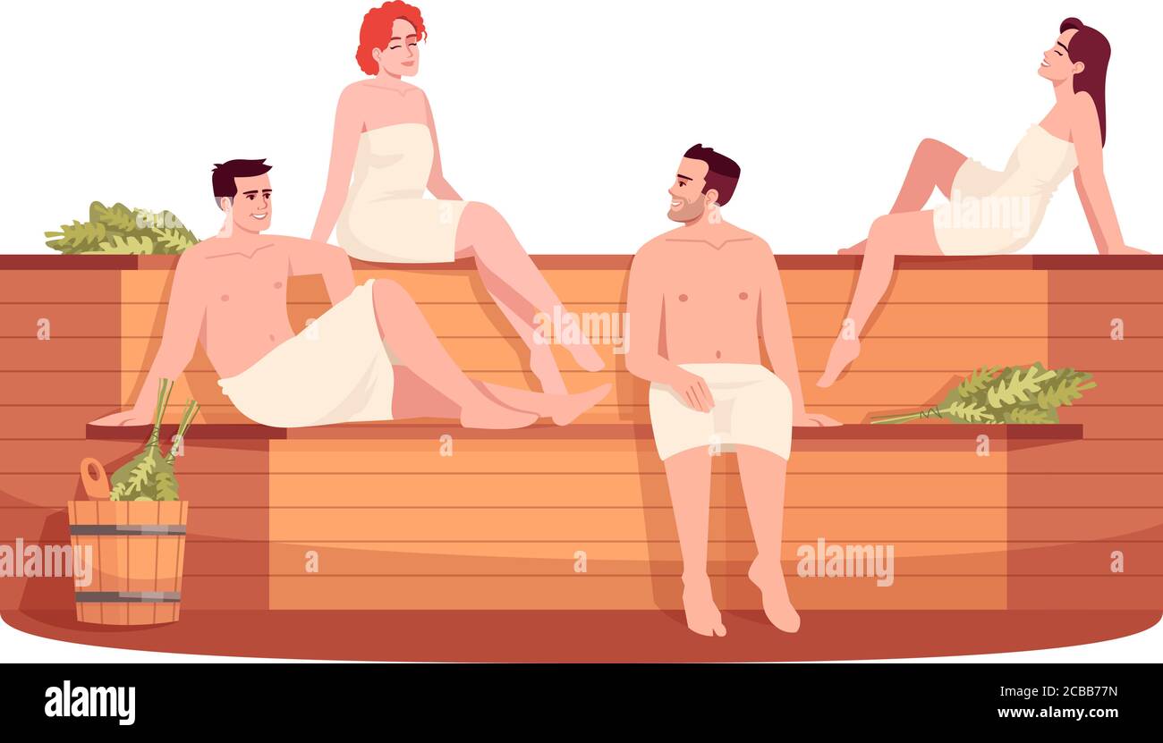 Sauna pubblica semi piatto RGB colore illustrazione vettoriale. Stufa pubblica russa per donna e maschio. Bagno finlandese. Amici in centro benessere carrello isolato Illustrazione Vettoriale