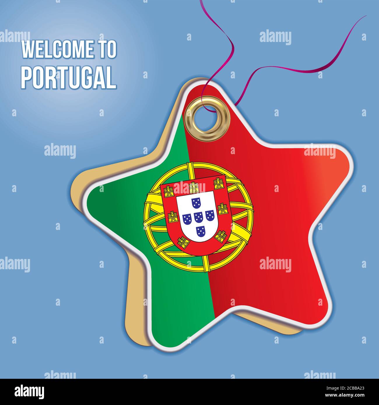Benvenuti in Portogallo, bandiera del Portogallo, viaggio nella Repubblica portoghese. Etichetta di prezzo sotto forma di stella di carta. Illustrazione Vettoriale