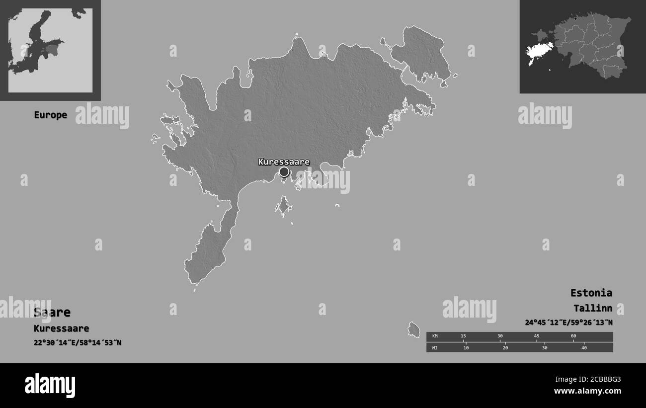 Forma di Saare, contea dell'Estonia, e la sua capitale. Scala della distanza, anteprime ed etichette. Mappa elevazione bilivello. Rendering 3D Foto Stock