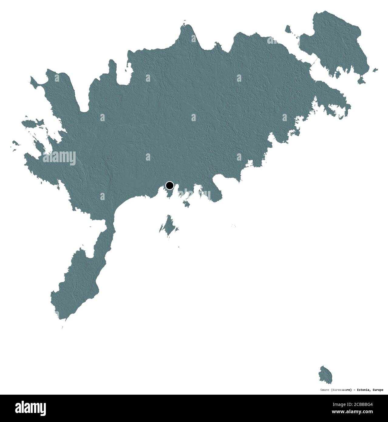 Forma di Saare, contea dell'Estonia, con la sua capitale isolata su sfondo bianco. Mappa di elevazione colorata. Rendering 3D Foto Stock