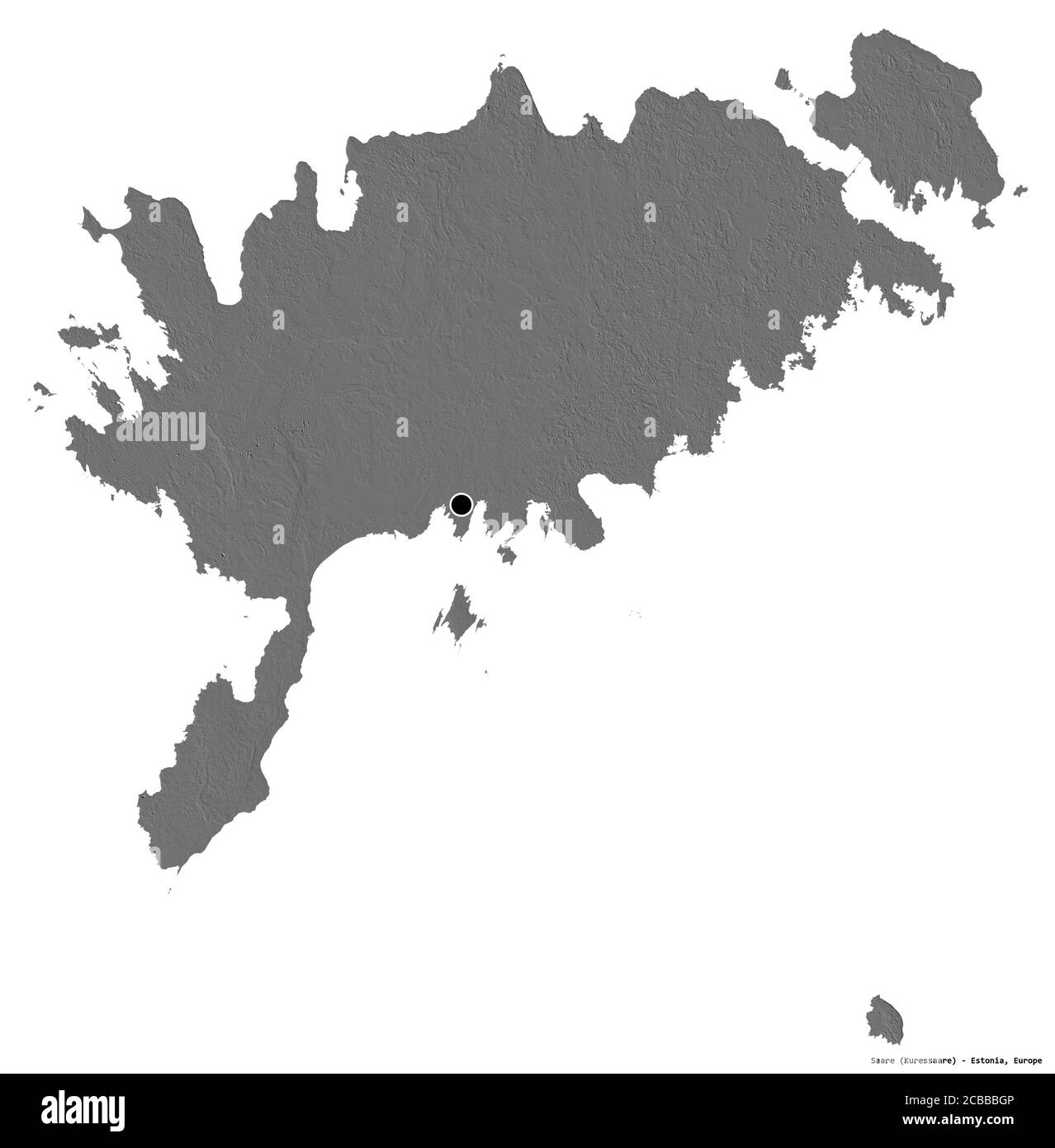 Forma di Saare, contea dell'Estonia, con la sua capitale isolata su sfondo bianco. Mappa elevazione bilivello. Rendering 3D Foto Stock