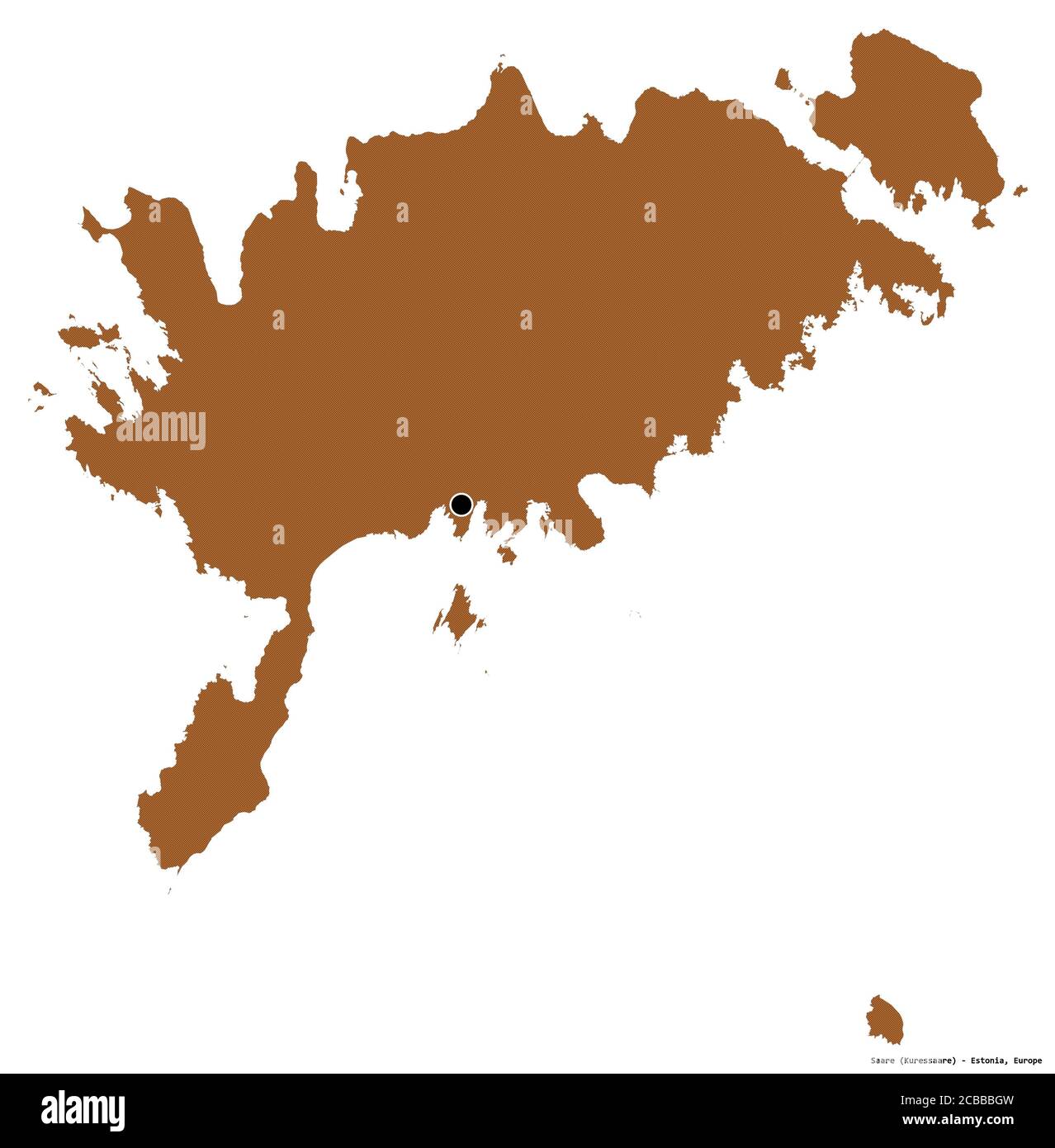 Forma di Saare, contea dell'Estonia, con la sua capitale isolata su sfondo bianco. Composizione di texture con motivi. Rendering 3D Foto Stock