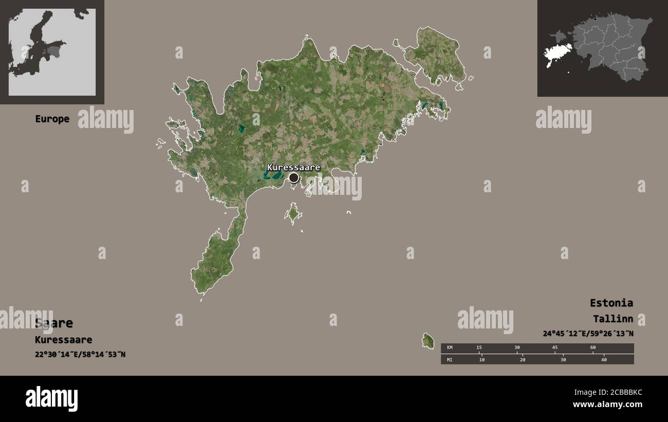 Forma di Saare, contea dell'Estonia, e la sua capitale. Scala della distanza, anteprime ed etichette. Immagini satellitari. Rendering 3D Foto Stock