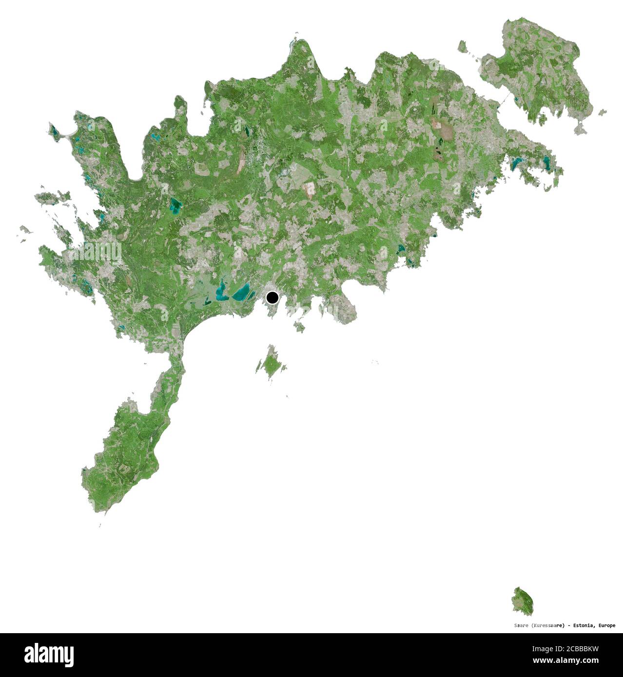 Forma di Saare, contea dell'Estonia, con la sua capitale isolata su sfondo bianco. Immagini satellitari. Rendering 3D Foto Stock