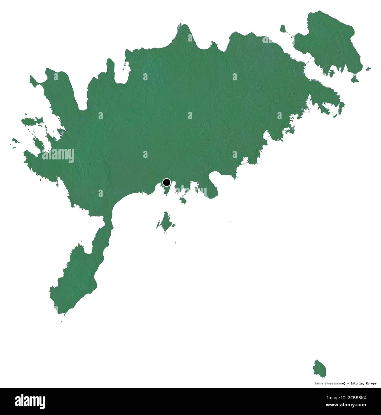 Forma di Saare, contea dell'Estonia, con la sua capitale isolata su sfondo bianco. Mappa di rilievo topografico. Rendering 3D Foto Stock
