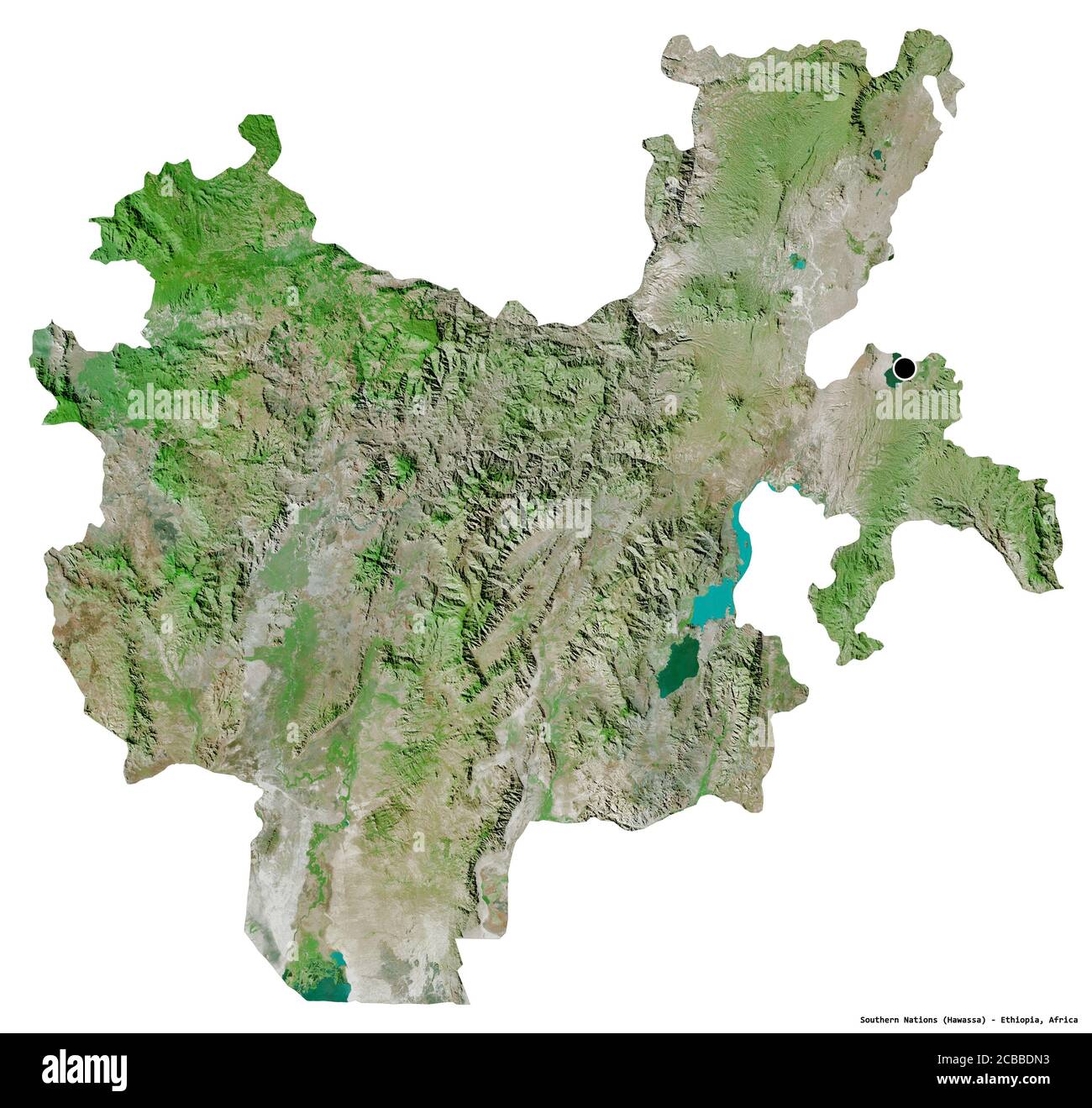 Forma delle Nazioni del Sud, stato dell'Etiopia, con la sua capitale isolata su sfondo bianco. Immagini satellitari. Rendering 3D Foto Stock