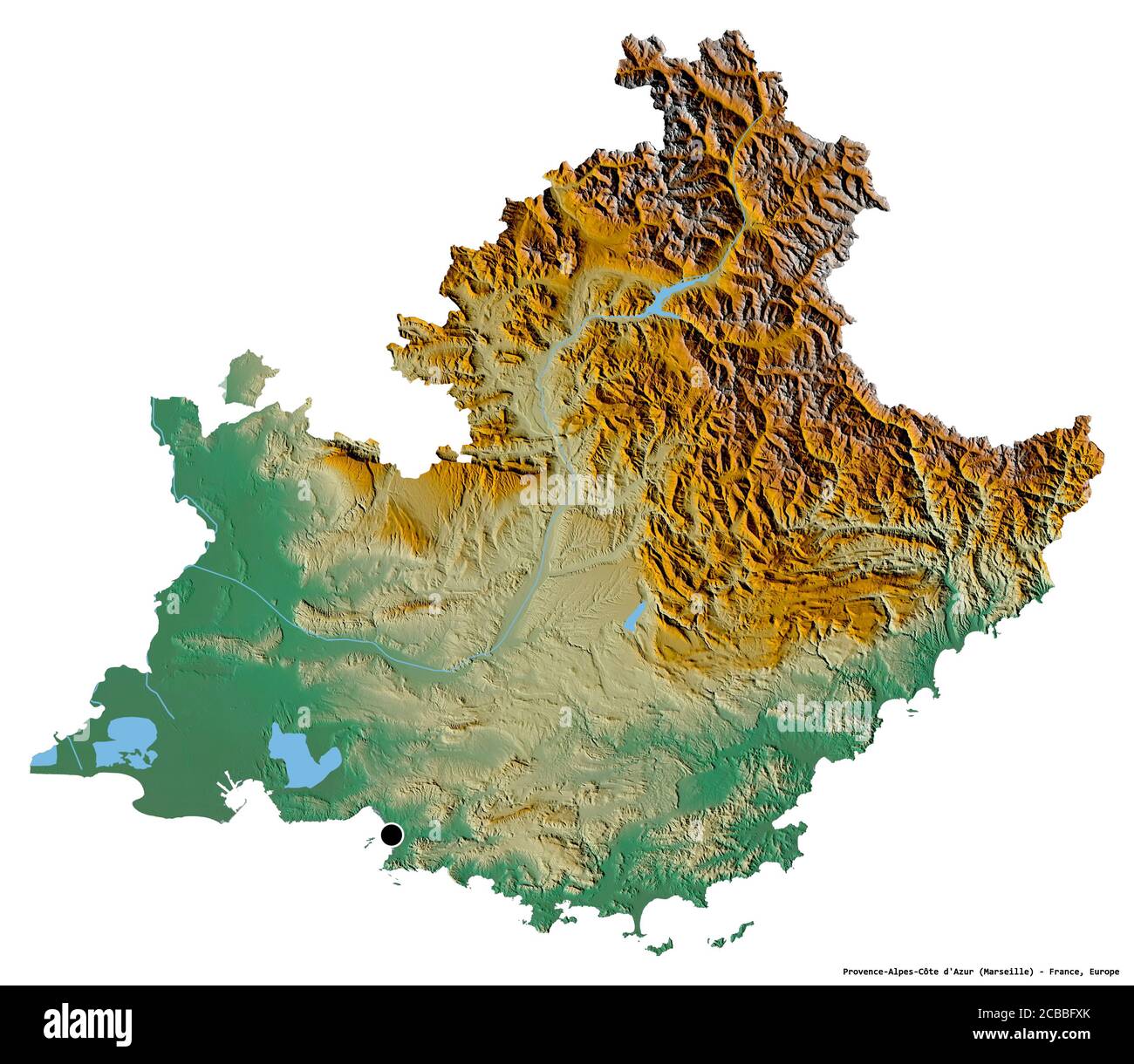 Forma della Provenza-Alpi-Côte Azzurra, regione della Francia, con la sua capitale isolata su sfondo bianco. Mappa di rilievo topografico. Rendering 3D Foto Stock
