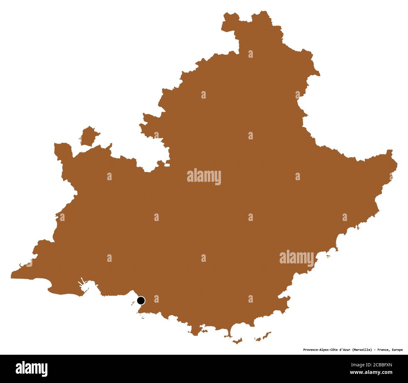 Forma della Provenza-Alpi-Côte Azzurra, regione della Francia, con la sua capitale isolata su sfondo bianco. Composizione di texture con motivi. Rendering 3D Foto Stock
