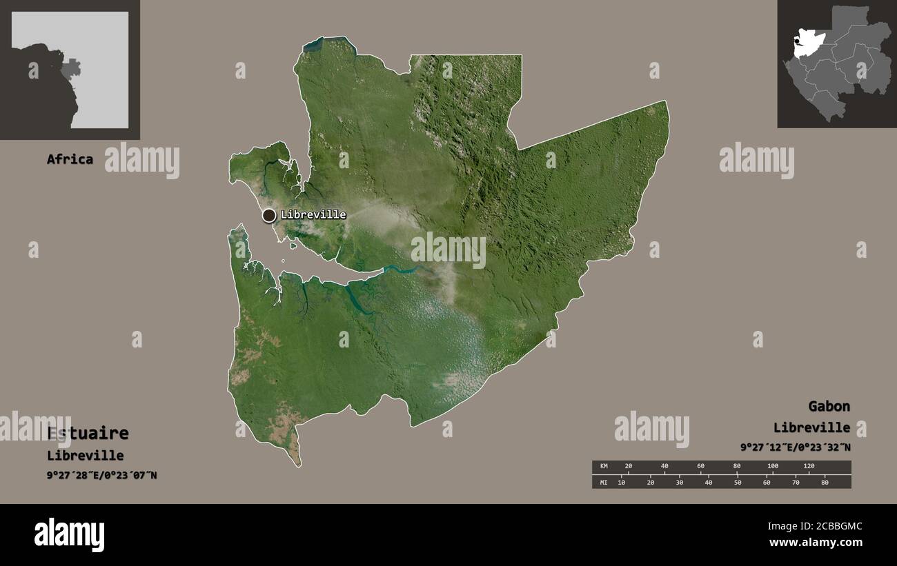 Forma dell'estuario, provincia del Gabon, e la sua capitale. Scala della distanza, anteprime ed etichette. Immagini satellitari. Rendering 3D Foto Stock