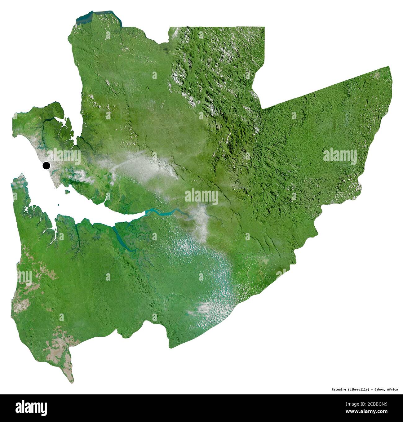 Forma dell'estuario, provincia del Gabon, con la sua capitale isolata su sfondo bianco. Immagini satellitari. Rendering 3D Foto Stock