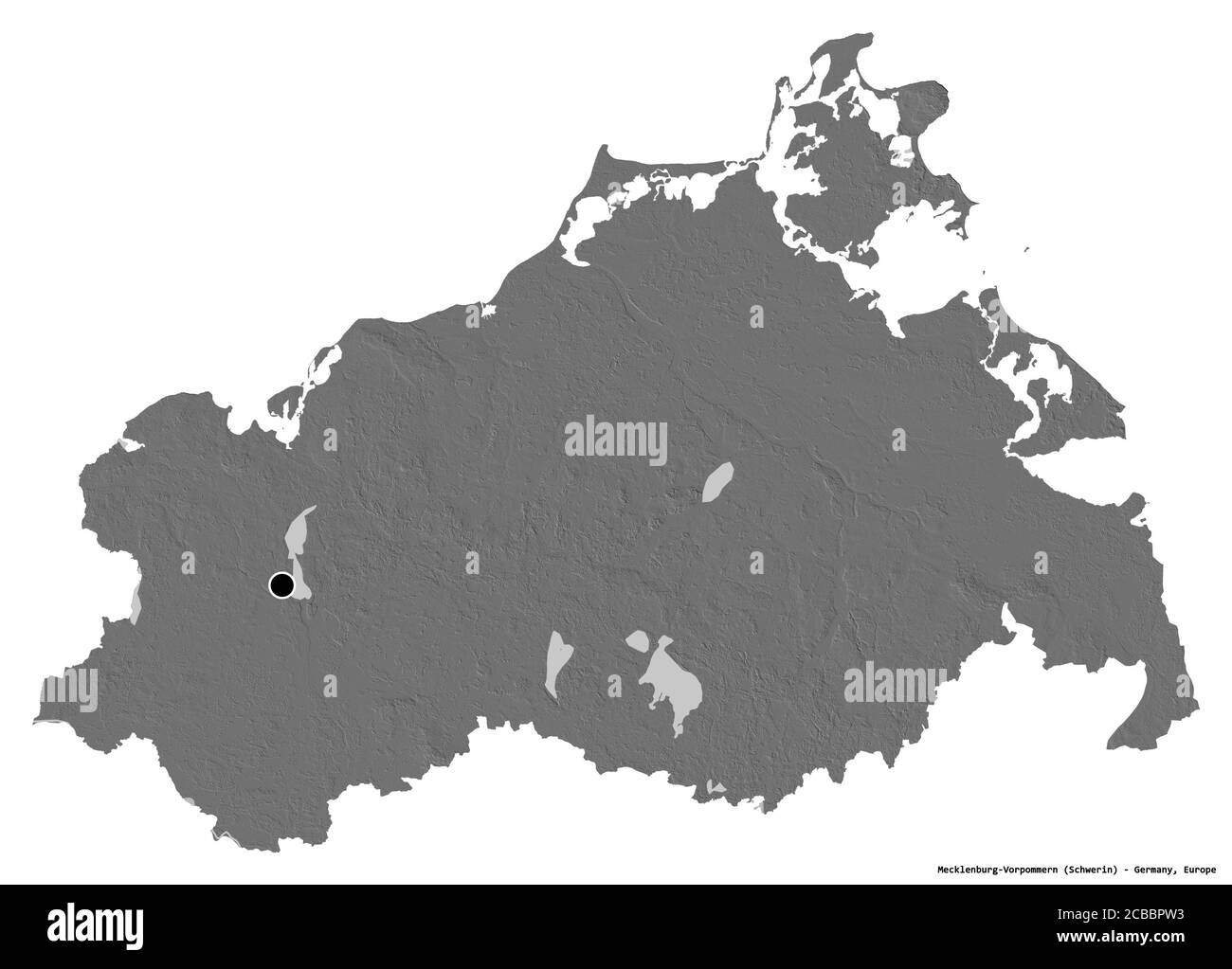 Forma del Meclemburgo-Vorpommern, stato della Germania, con la sua capitale isolata su sfondo bianco. Mappa elevazione bilivello. Rendering 3D Foto Stock