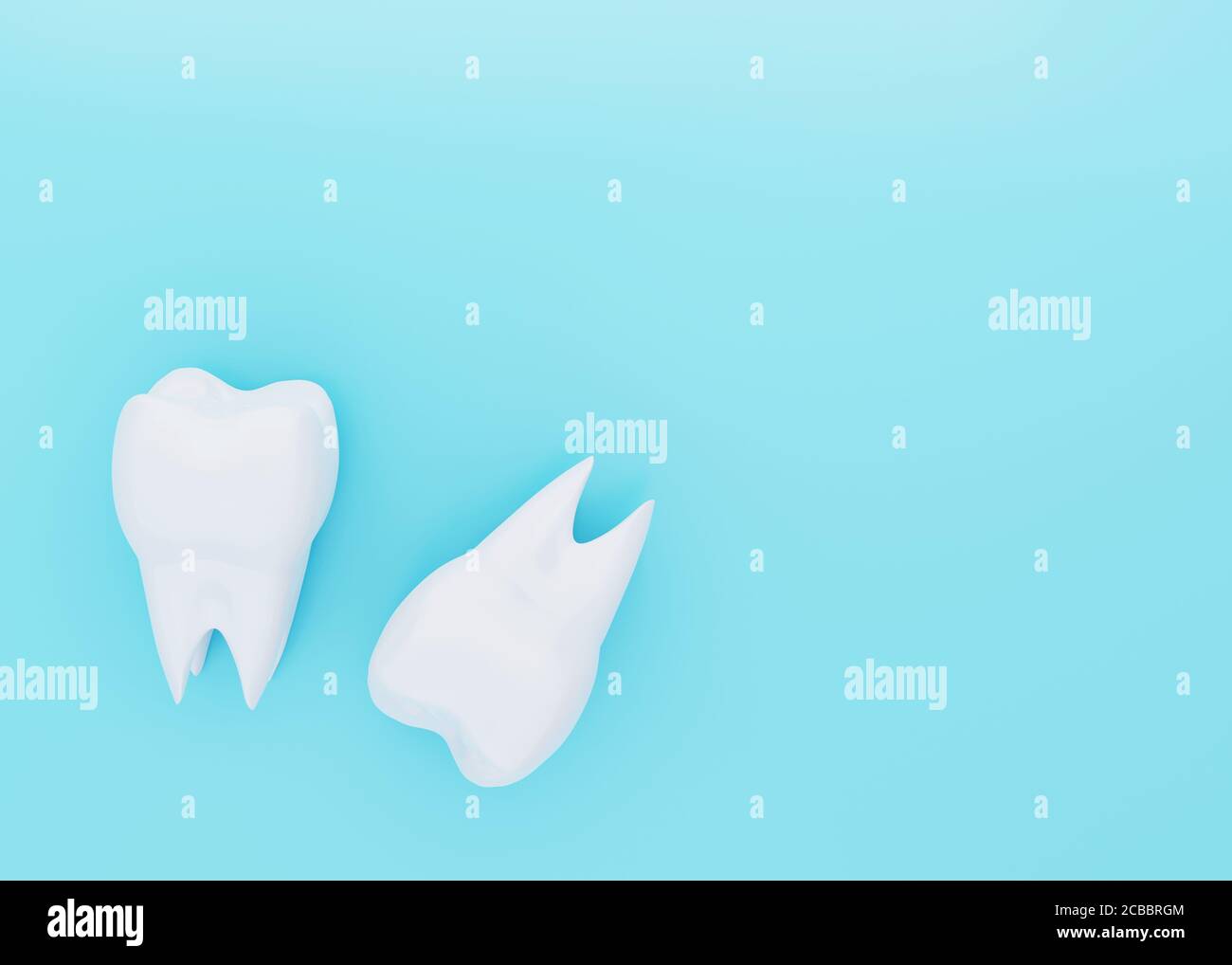 due denti molari su sfondo blu, spazio di copia, rendering 3d Foto Stock