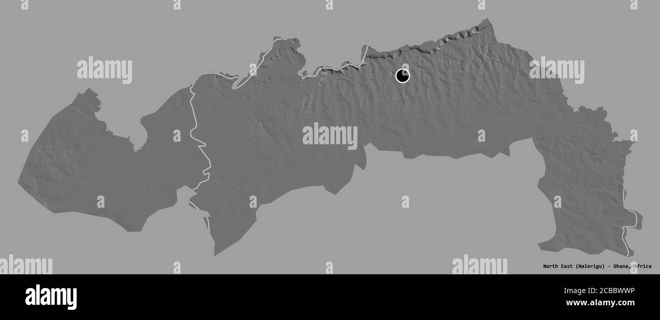 Forma del Nord Est, regione del Ghana, con la sua capitale isolata su uno sfondo di colore pieno. Mappa elevazione bilivello. Rendering 3D Foto Stock