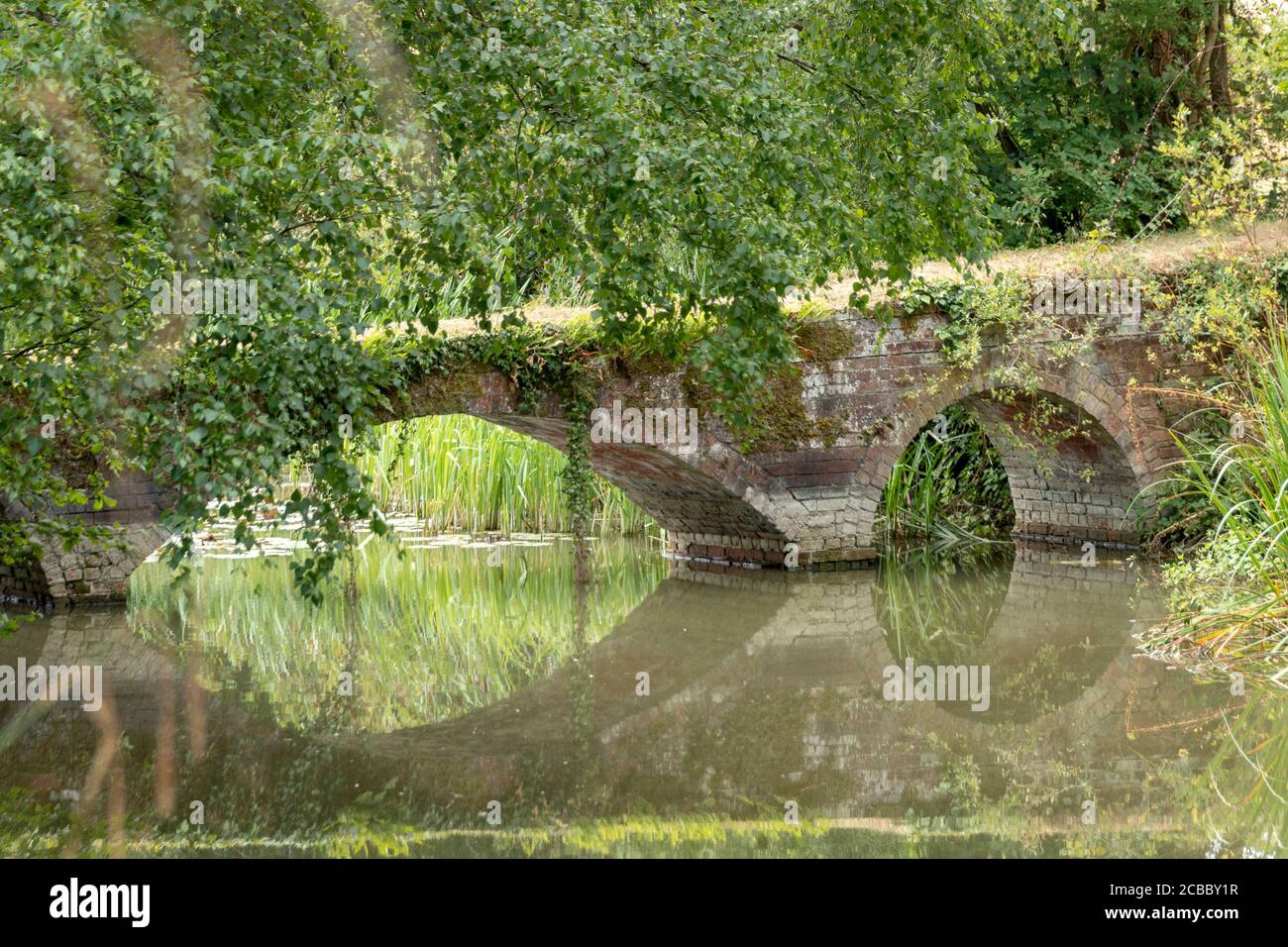 una vista ravvicinata di un ponte di mattoni che è attraversando il lago o stagno e ha il riflesso dell'acqua Foto Stock