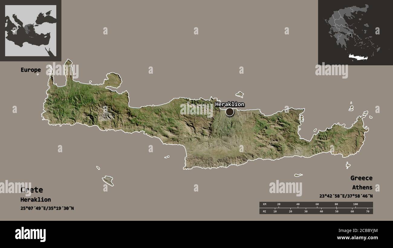 Forma di Creta, amministrazione decentrata della Grecia, e la sua capitale. Scala della distanza, anteprime ed etichette. Immagini satellitari. Rendering 3D Foto Stock