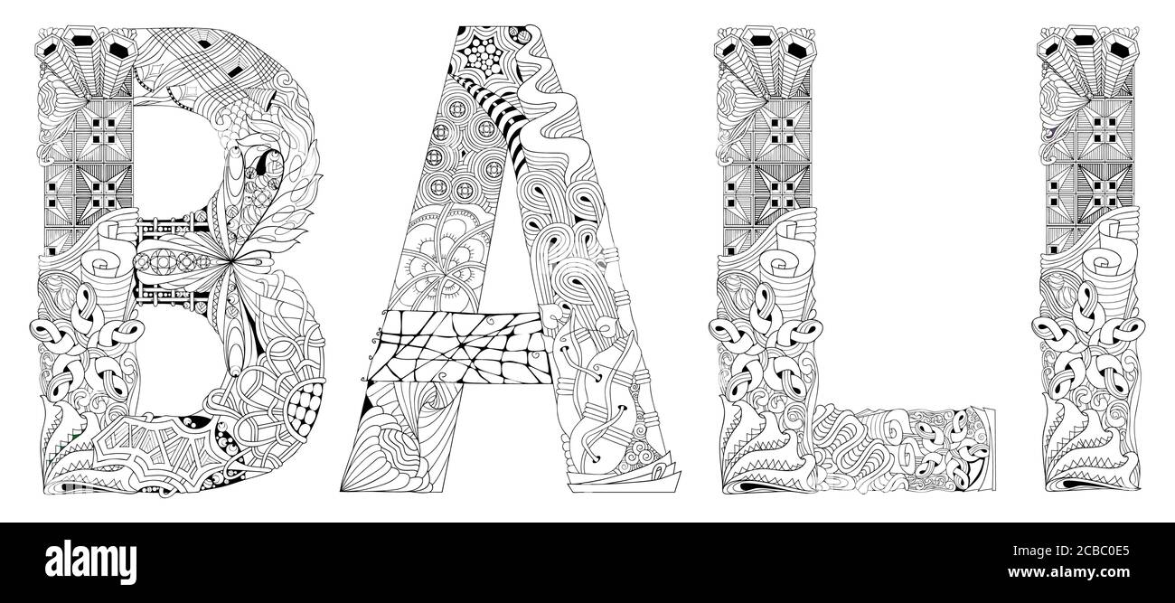 Disegno artistico dipinto a mano. Parola di illustrazione BALI dipinto per colorare t-shirt design, tatuaggio e altre decorazioni Illustrazione Vettoriale