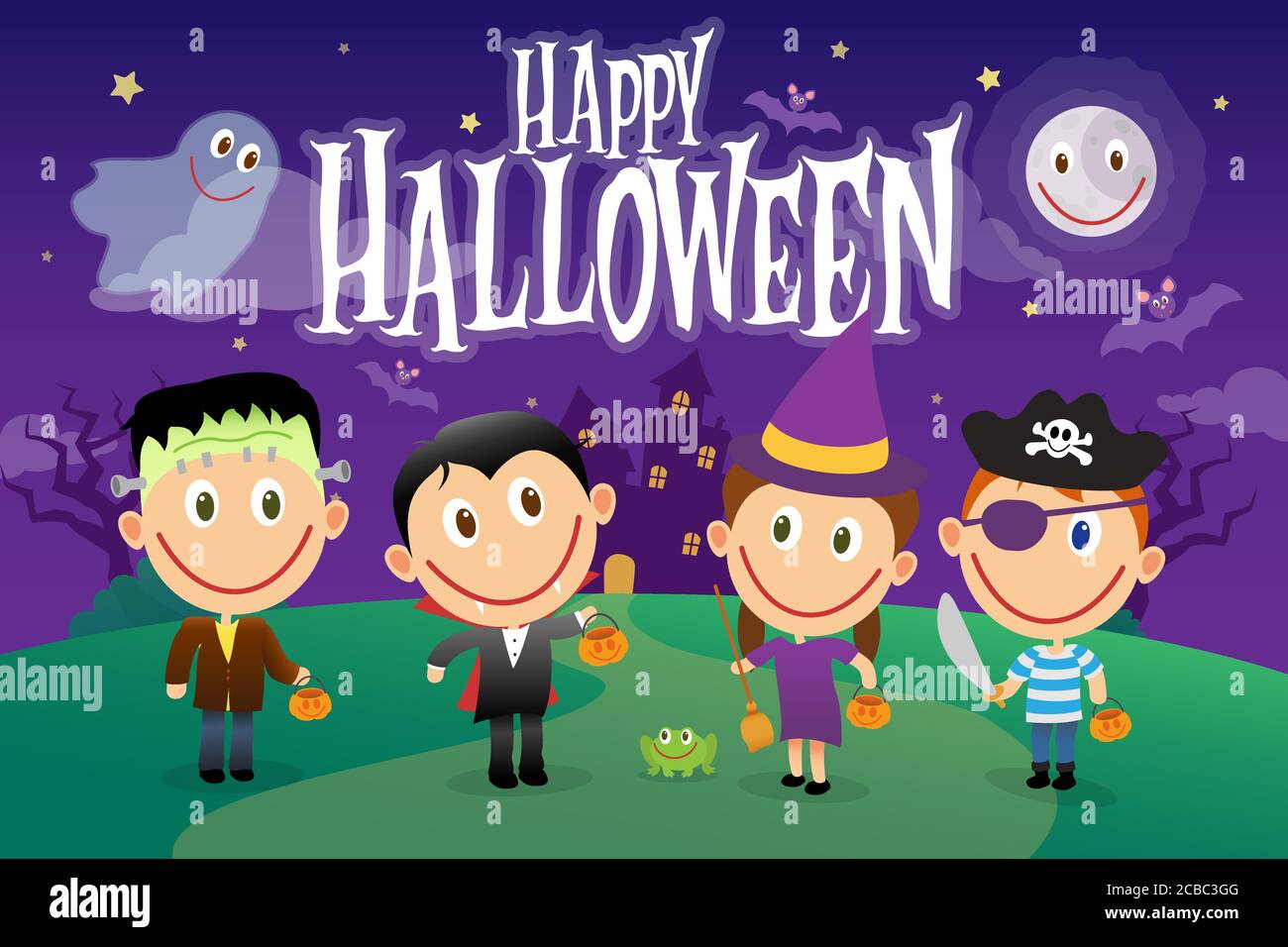 Gruppo di bambini in costumi di Halloween. Set di caratteri per illustrazioni vettoriali. Illustrazione Vettoriale