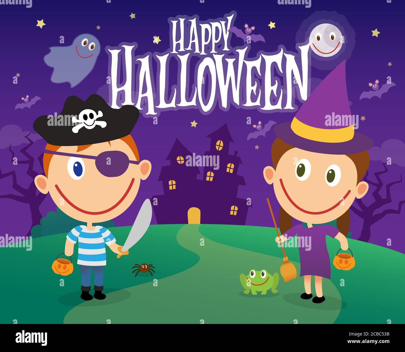 Ragazzo e ragazza sui costumi di Halloween. Bambini vestiti come pirata e strega. Cartoni animati Illustrazione Vettoriale