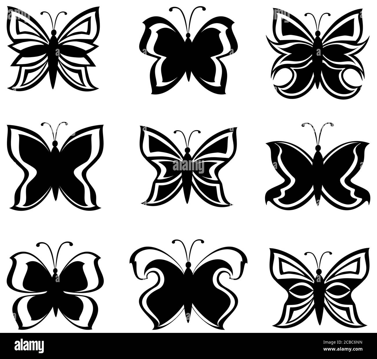 Illustrazione vettoriale di una collezione di farfalle bianche e nere isolate su bianco Foto Stock