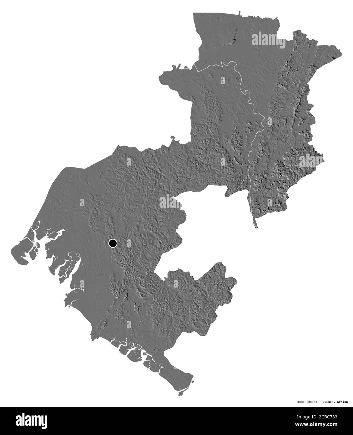 Forma di Boké, regione della Guinea, con la sua capitale isolata su sfondo bianco. Mappa elevazione bilivello. Rendering 3D Foto Stock