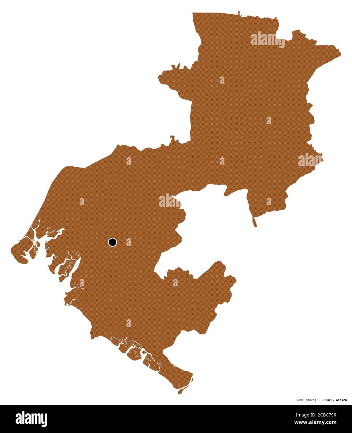 Forma di Boké, regione della Guinea, con la sua capitale isolata su sfondo bianco. Composizione di texture con motivi. Rendering 3D Foto Stock