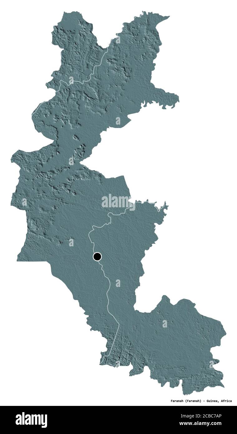 Forma di Faranah, regione della Guinea, con la sua capitale isolata su sfondo bianco. Mappa di elevazione colorata. Rendering 3D Foto Stock