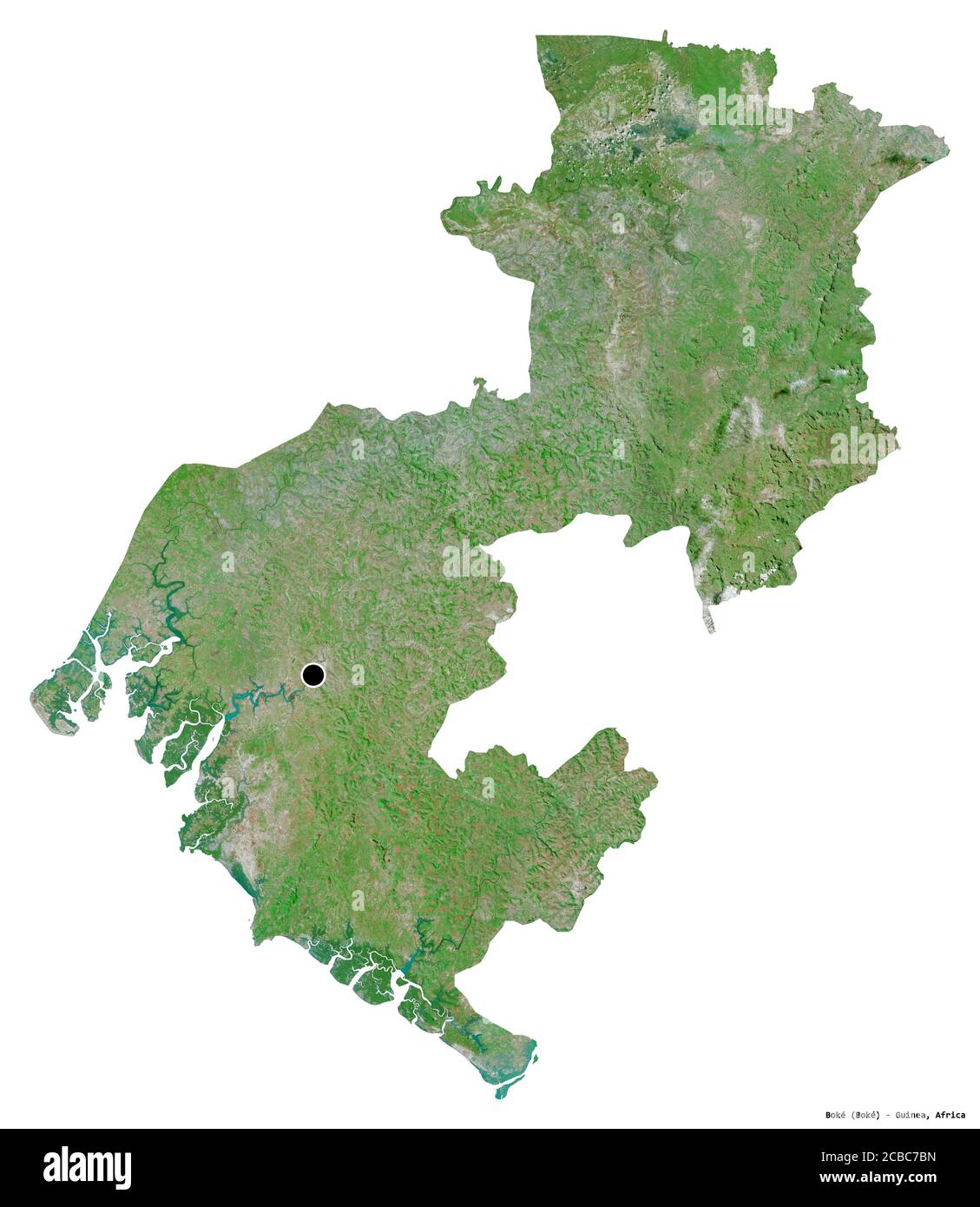 Forma di Boké, regione della Guinea, con la sua capitale isolata su sfondo bianco. Immagini satellitari. Rendering 3D Foto Stock