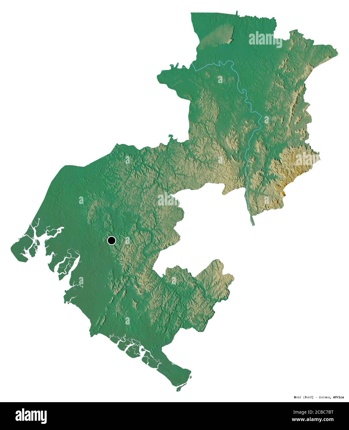 Forma di Boké, regione della Guinea, con la sua capitale isolata su sfondo bianco. Mappa di rilievo topografico. Rendering 3D Foto Stock