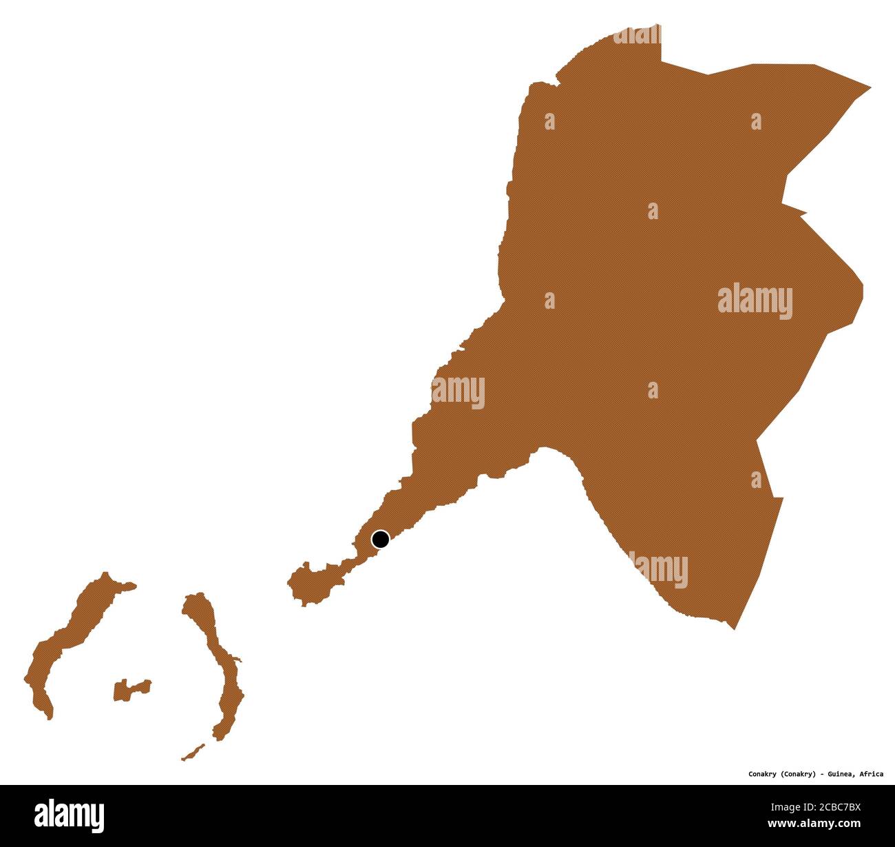 Forma di Conakry, regione della Guinea, con la sua capitale isolata su sfondo bianco. Composizione di texture con motivi. Rendering 3D Foto Stock