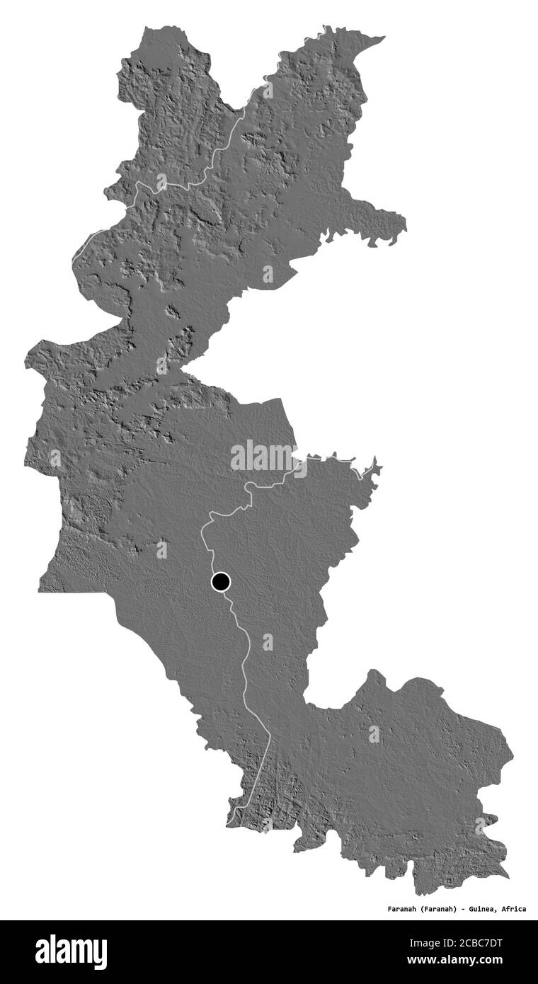 Forma di Faranah, regione della Guinea, con la sua capitale isolata su sfondo bianco. Mappa elevazione bilivello. Rendering 3D Foto Stock