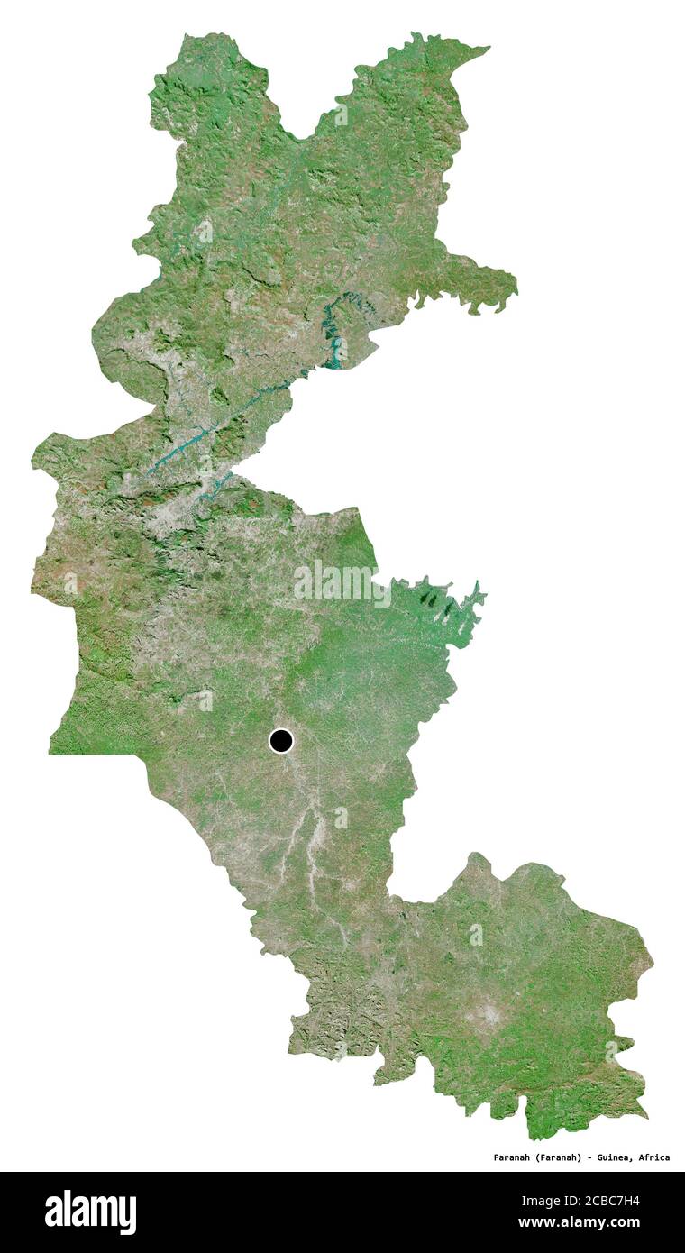 Forma di Faranah, regione della Guinea, con la sua capitale isolata su sfondo bianco. Immagini satellitari. Rendering 3D Foto Stock