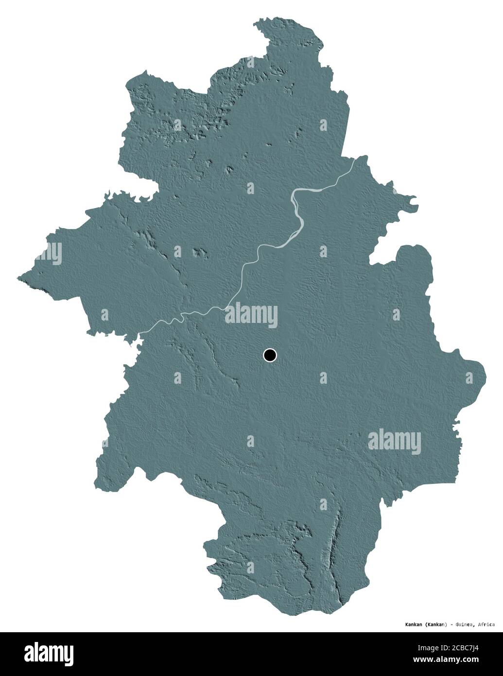 Forma di Kankan, regione della Guinea, con la sua capitale isolata su sfondo bianco. Mappa di elevazione colorata. Rendering 3D Foto Stock