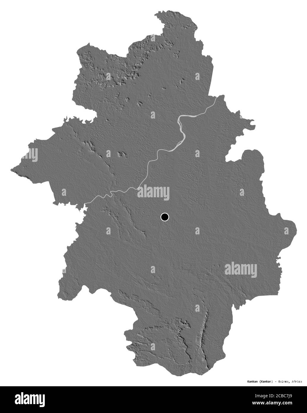 Forma di Kankan, regione della Guinea, con la sua capitale isolata su sfondo bianco. Mappa elevazione bilivello. Rendering 3D Foto Stock