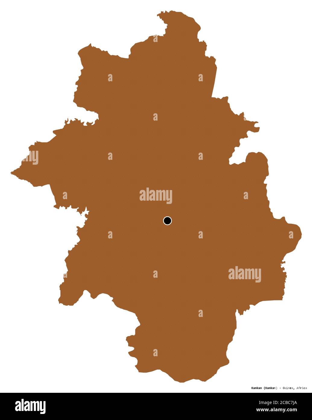 Forma di Kankan, regione della Guinea, con la sua capitale isolata su sfondo bianco. Composizione di texture con motivi. Rendering 3D Foto Stock