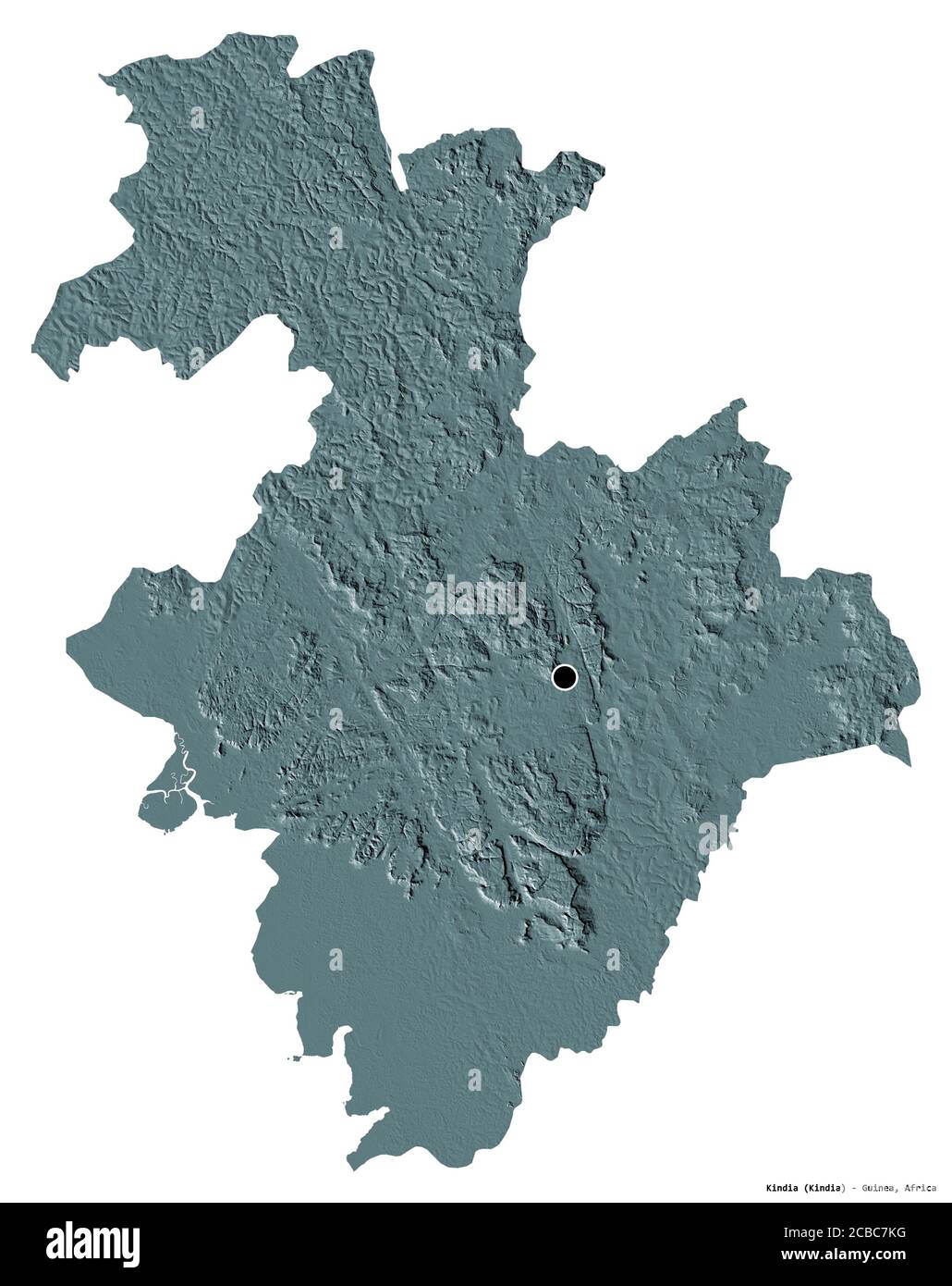 Forma di Kindia, regione della Guinea, con la sua capitale isolata su sfondo bianco. Mappa di elevazione colorata. Rendering 3D Foto Stock