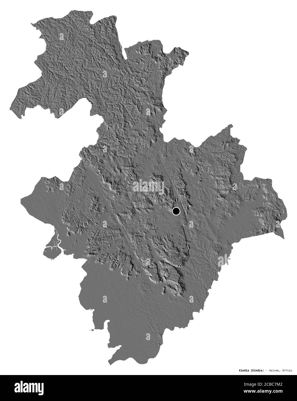 Forma di Kindia, regione della Guinea, con la sua capitale isolata su sfondo bianco. Mappa elevazione bilivello. Rendering 3D Foto Stock