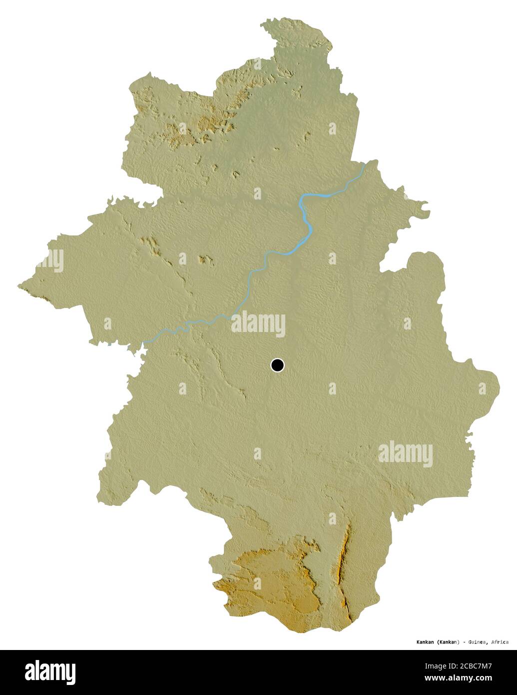 Forma di Kankan, regione della Guinea, con la sua capitale isolata su sfondo bianco. Mappa di rilievo topografico. Rendering 3D Foto Stock