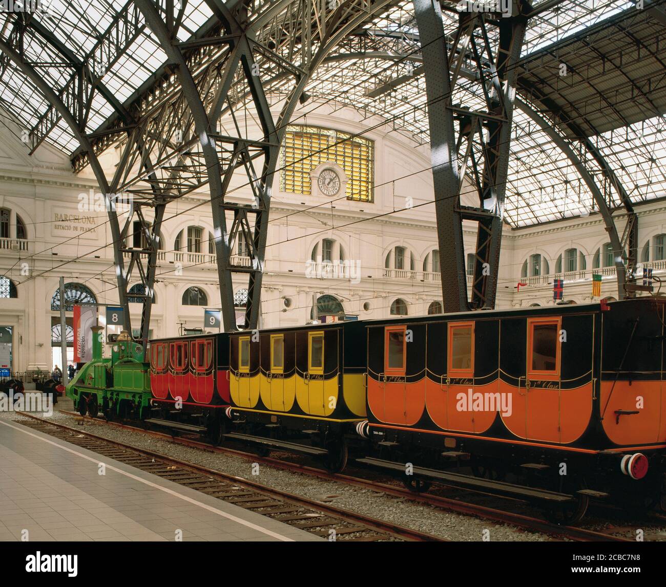 Ferrovia della linea corta da Barcellona a Mataro, 1848. Replica per la mostra '150 anni di ferrovia in Spagna' (1998-1999) tenutasi a France Station, Barcellona, Catalogna, Spagna. Foto Stock