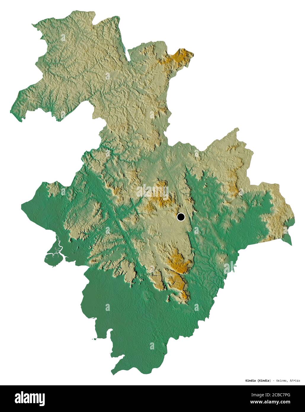 Forma di Kindia, regione della Guinea, con la sua capitale isolata su sfondo bianco. Mappa di rilievo topografico. Rendering 3D Foto Stock