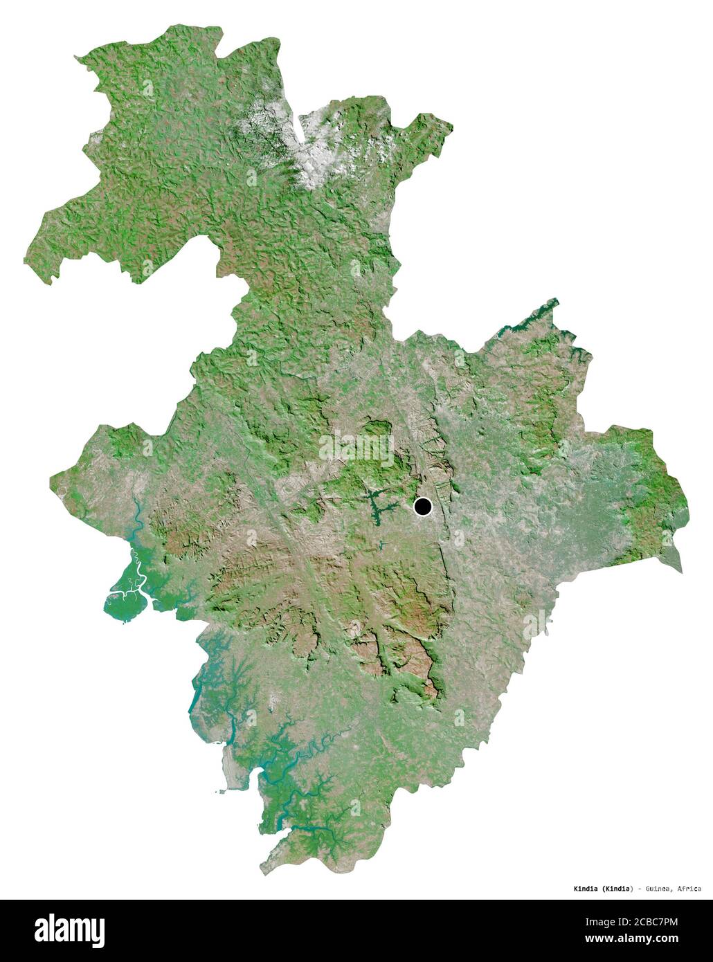 Forma di Kindia, regione della Guinea, con la sua capitale isolata su sfondo bianco. Immagini satellitari. Rendering 3D Foto Stock
