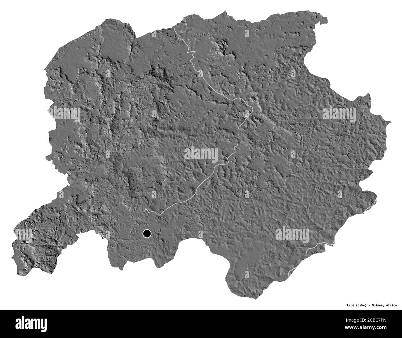 Forma di Labé, regione della Guinea, con la sua capitale isolata su sfondo bianco. Mappa elevazione bilivello. Rendering 3D Foto Stock