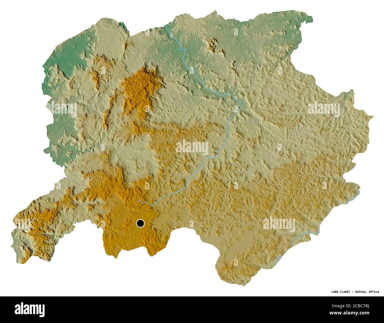 Forma di Labé, regione della Guinea, con la sua capitale isolata su sfondo bianco. Mappa di rilievo topografico. Rendering 3D Foto Stock