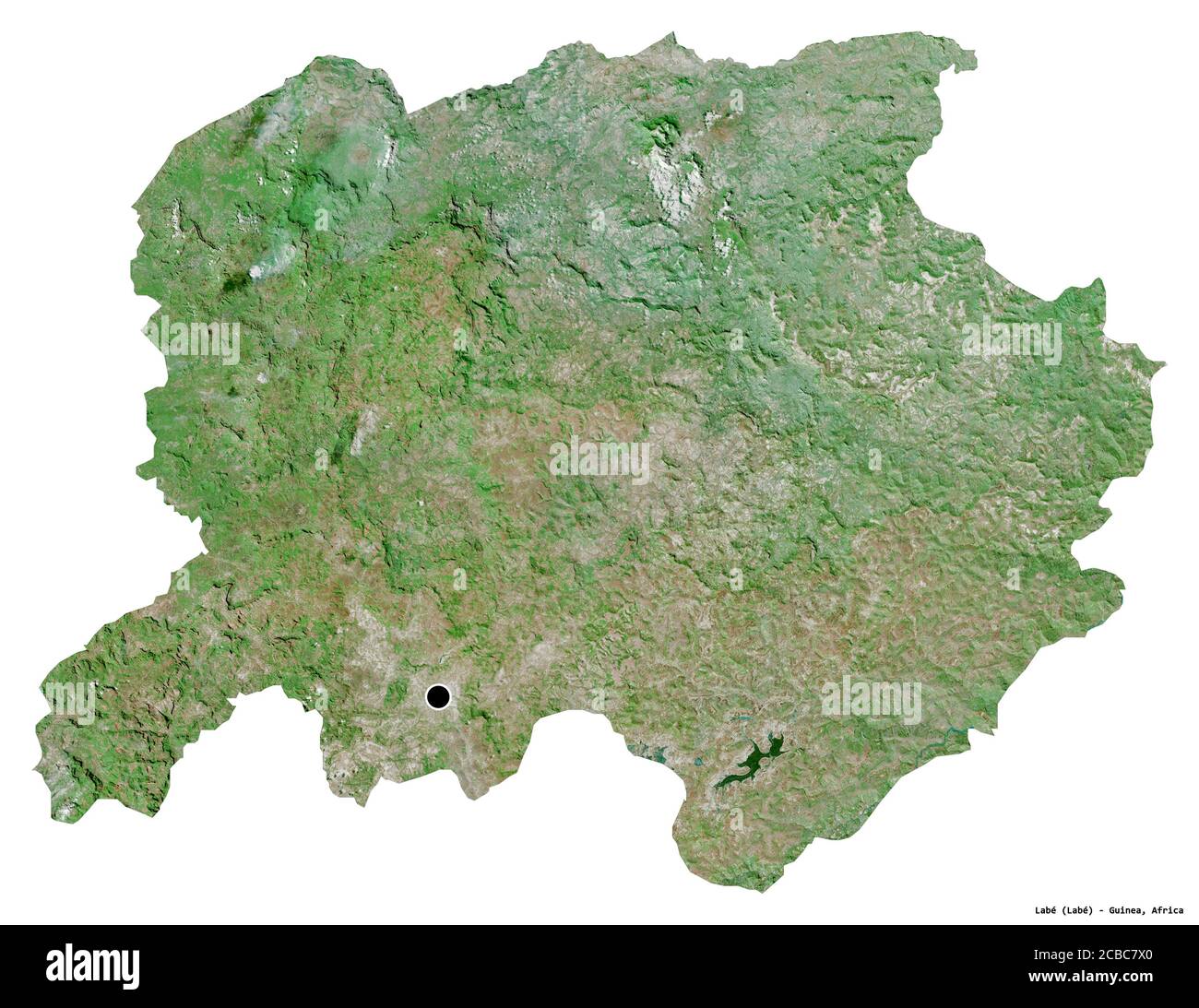 Forma di Labé, regione della Guinea, con la sua capitale isolata su sfondo bianco. Immagini satellitari. Rendering 3D Foto Stock